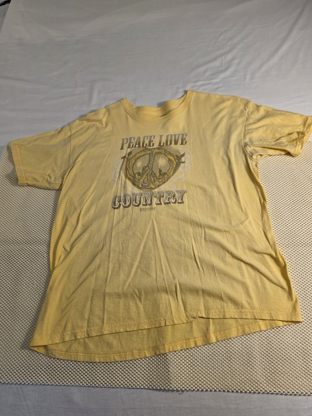 Magellan Unisex Shirt With Front Graphics Peace Love Country In Yellow Size XXL